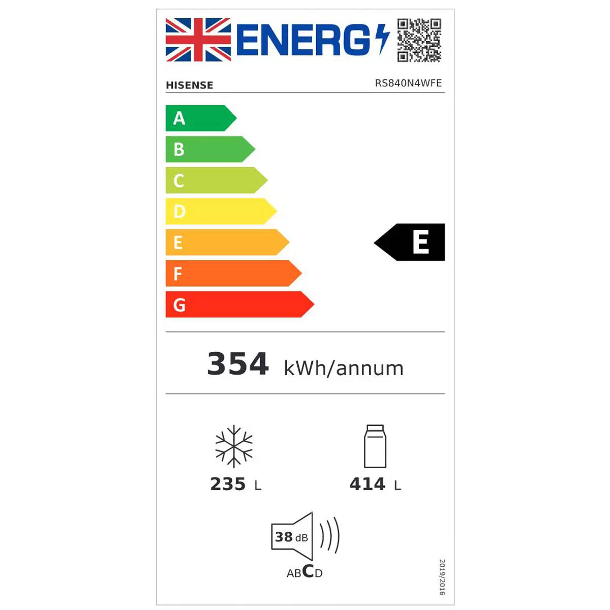 Hisense RS840N4WFE, Side by Side Fridge Freezer with Non Plumbed Water Dispenser, E Rated in Black