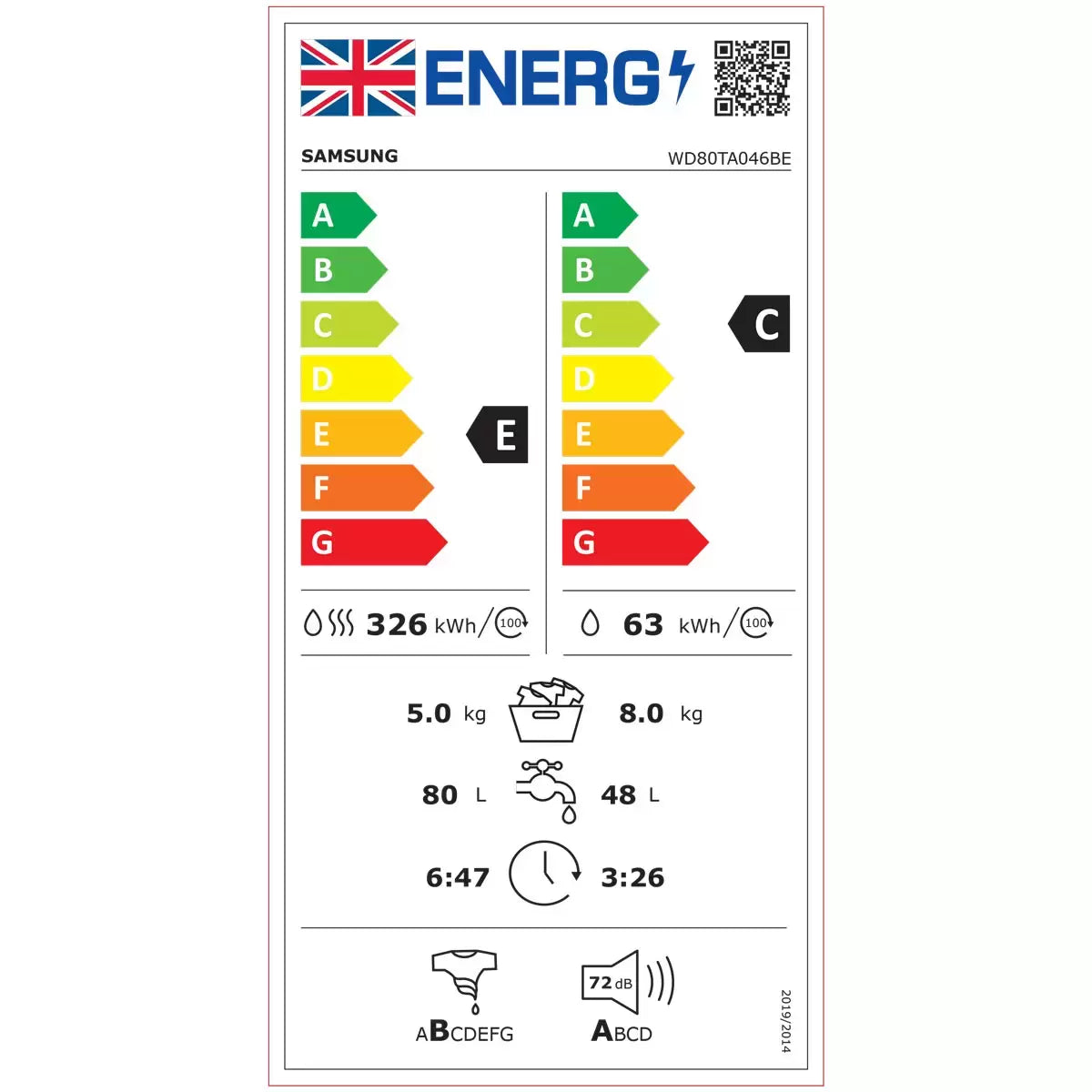 Samsung Series 5 WD80TA046BE/EU, 8kg/5kg, 1400rpm, Washer Dryer, E Rated in White