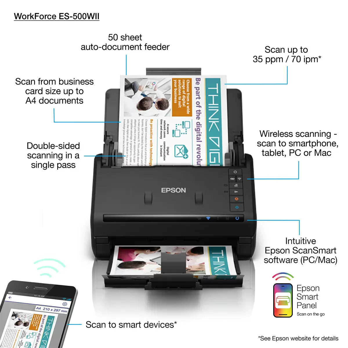 Epson WorkForce ES-500W Wireless Auto-Sheet Feed Document Scanner